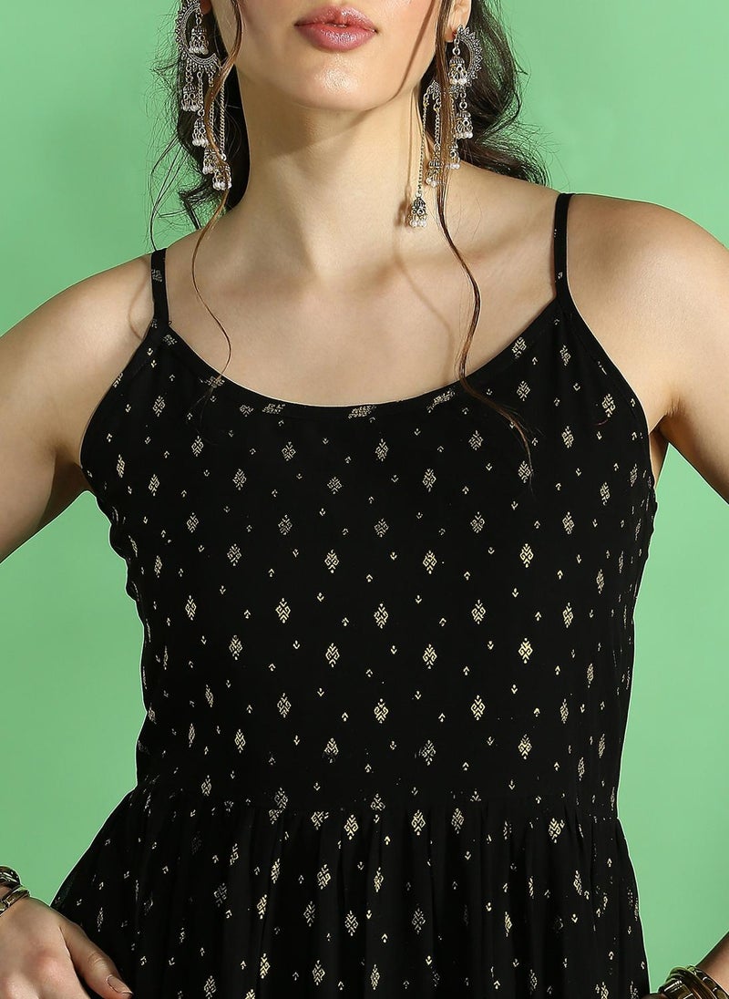 Globus Women Black Strappy Shoulder Gold Foil Ethnic Motifs Smocked Tiered Fit & Flare Maxi Festive Dress - Image 5